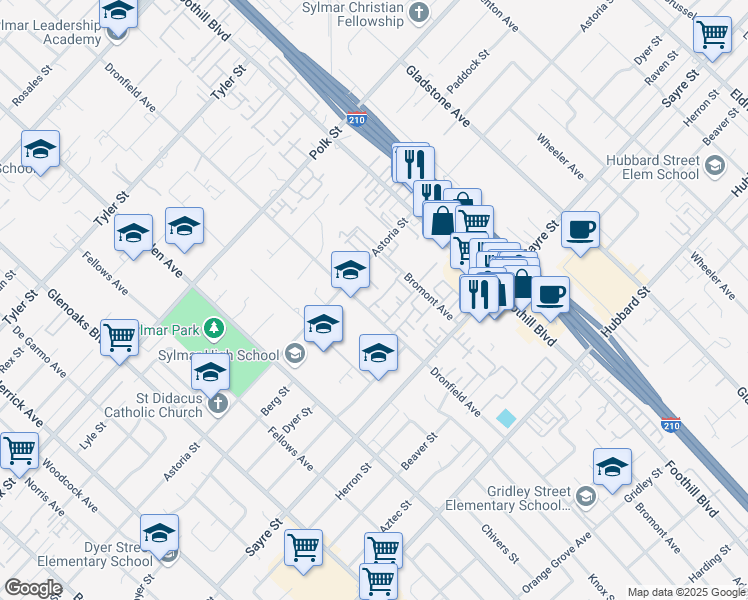 map of restaurants, bars, coffee shops, grocery stores, and more near 13145 Bromont Avenue in Los Angeles