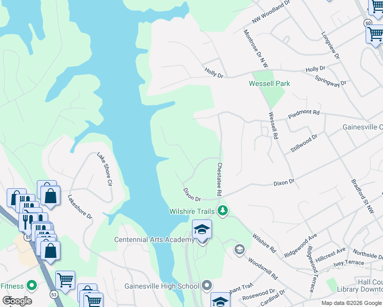 map of restaurants, bars, coffee shops, grocery stores, and more near 908 Tall Oaks Drive in Gainesville