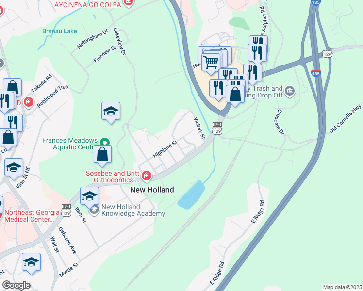 map of restaurants, bars, coffee shops, grocery stores, and more near 3 Spring Street in Gainesville