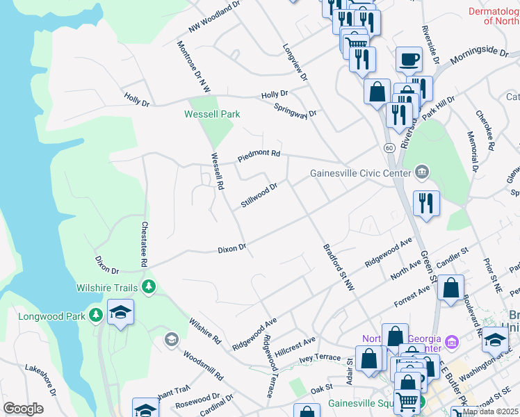 map of restaurants, bars, coffee shops, grocery stores, and more near 537 Stillwood Drive in Gainesville