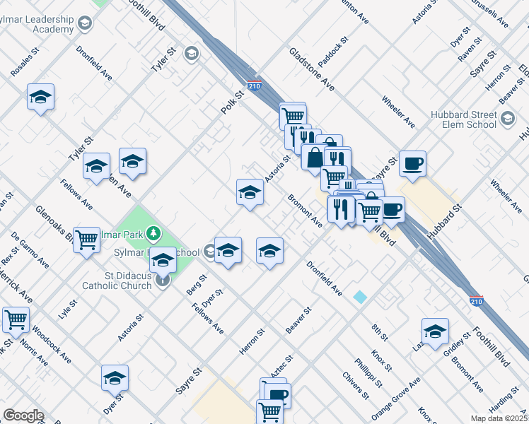 map of restaurants, bars, coffee shops, grocery stores, and more near 13140 Dronfield Avenue in Los Angeles