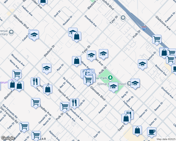 map of restaurants, bars, coffee shops, grocery stores, and more near 13191 Fellows Avenue in Los Angeles