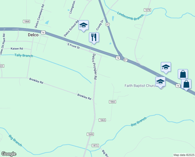 map of restaurants, bars, coffee shops, grocery stores, and more near 303 Delco Prosper Road in Delco