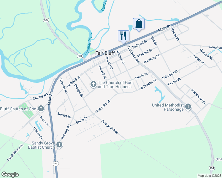 map of restaurants, bars, coffee shops, grocery stores, and more near 80 North Brooks Street in Fair Bluff