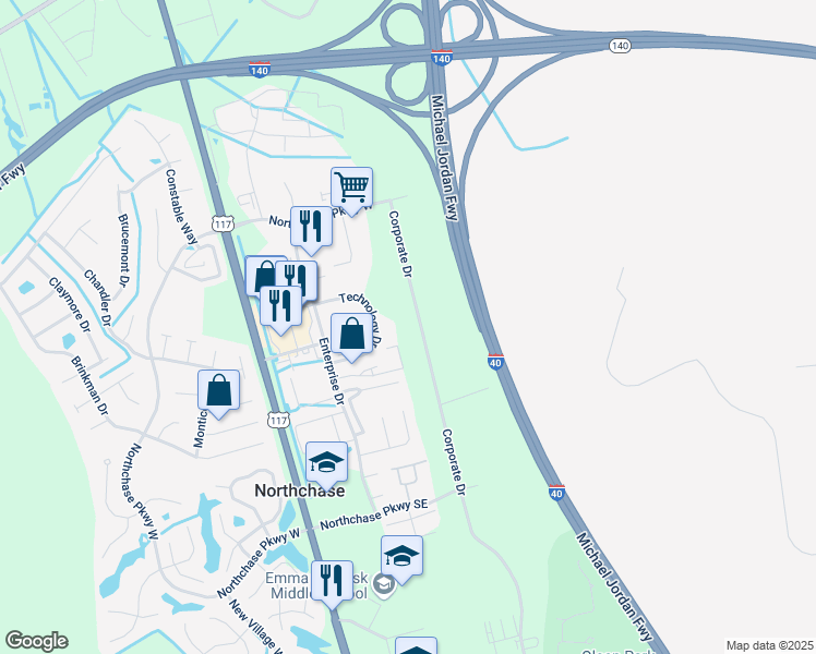 map of restaurants, bars, coffee shops, grocery stores, and more near 3201 Corporate Drive in Wilmington