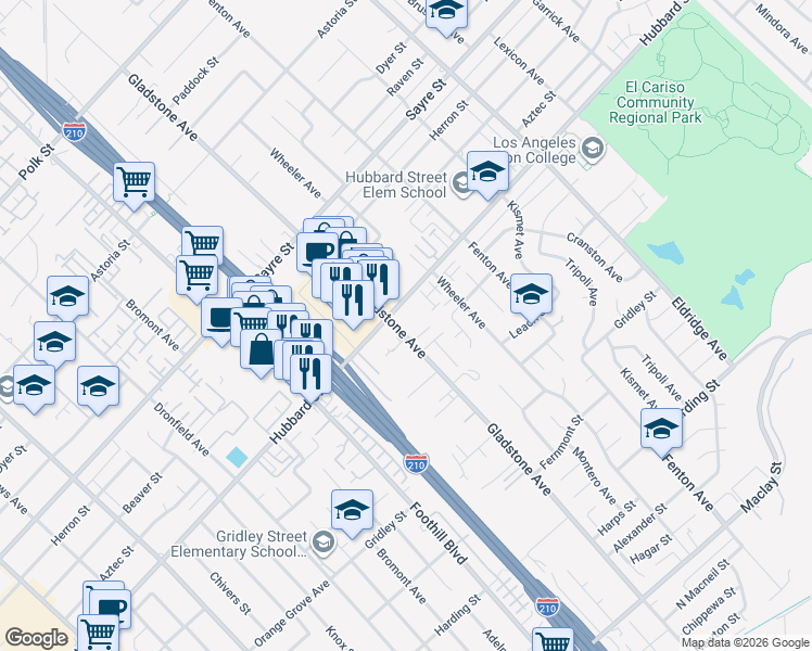 map of restaurants, bars, coffee shops, grocery stores, and more near 13148 Gladstone Avenue in Los Angeles