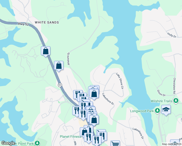 map of restaurants, bars, coffee shops, grocery stores, and more near 1481 West Lake Drive in Gainesville
