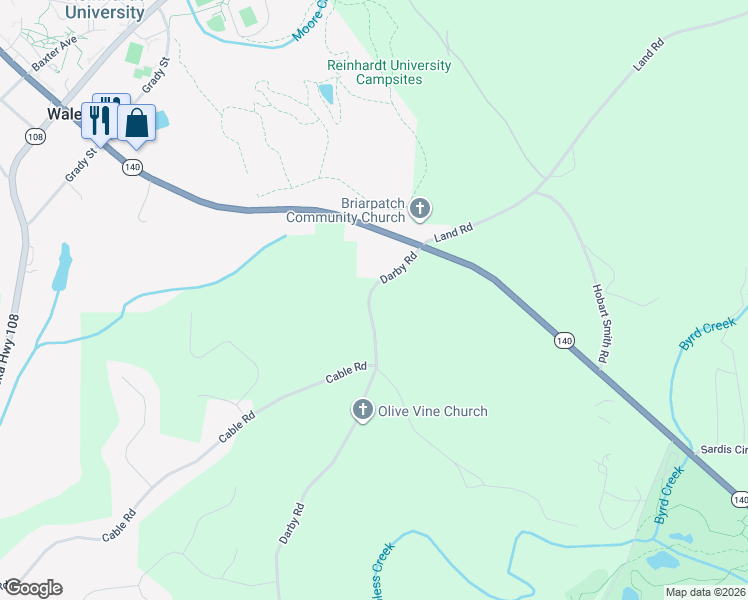 map of restaurants, bars, coffee shops, grocery stores, and more near 2051 Darby Road in Waleska