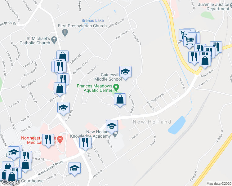 map of restaurants, bars, coffee shops, grocery stores, and more near 1545 Community Way in Gainesville