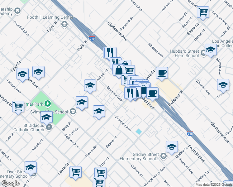 map of restaurants, bars, coffee shops, grocery stores, and more near 13144 Bromont Avenue in Los Angeles