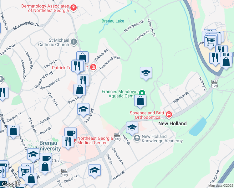 map of restaurants, bars, coffee shops, grocery stores, and more near 1465 Jesse Jewell Parkway Northeast in Gainesville