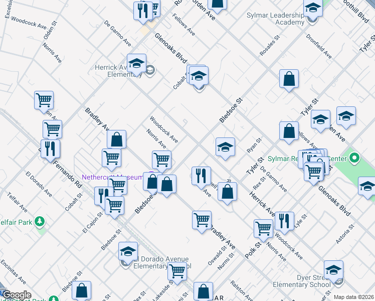 map of restaurants, bars, coffee shops, grocery stores, and more near 15041 Bledsoe Street in Los Angeles