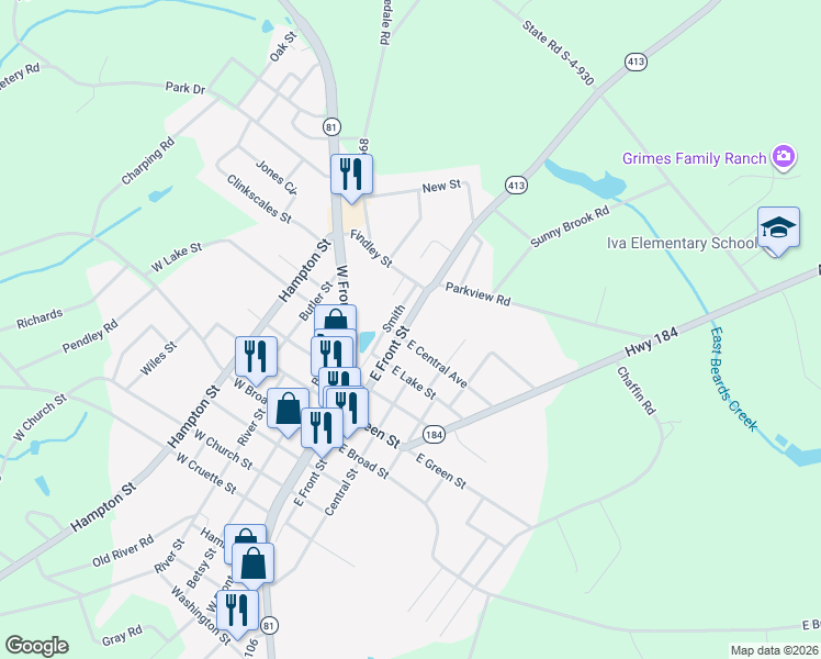 map of restaurants, bars, coffee shops, grocery stores, and more near 23 East Central Avenue in Iva