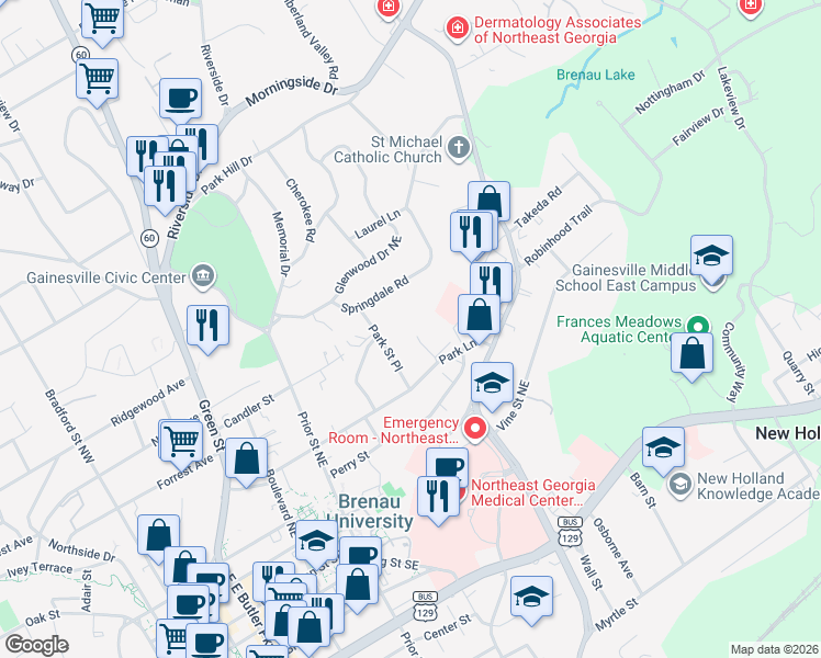 map of restaurants, bars, coffee shops, grocery stores, and more near 1165 Saint Charles Place in Gainesville