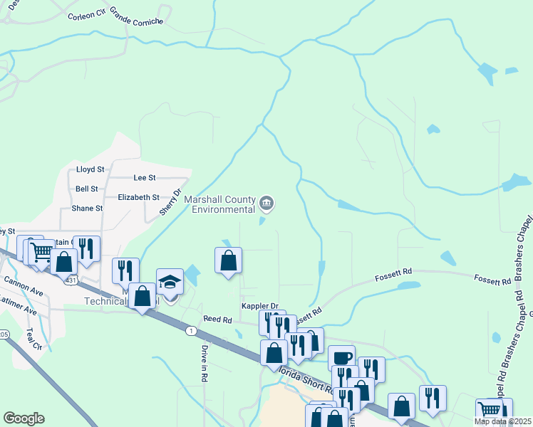 map of restaurants, bars, coffee shops, grocery stores, and more near 100 Judy Smith Dr in Guntersville