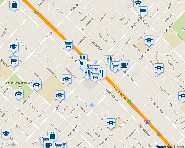 map of restaurants, bars, coffee shops, grocery stores, and more near 13763 Foothill Boulevard in Los Angeles