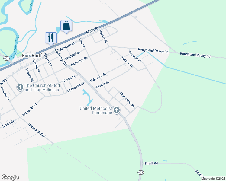 map of restaurants, bars, coffee shops, grocery stores, and more near 38 3rd Avenue in Fair Bluff
