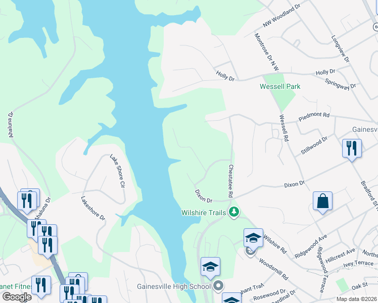 map of restaurants, bars, coffee shops, grocery stores, and more near 1225 Dixon Circle in Gainesville