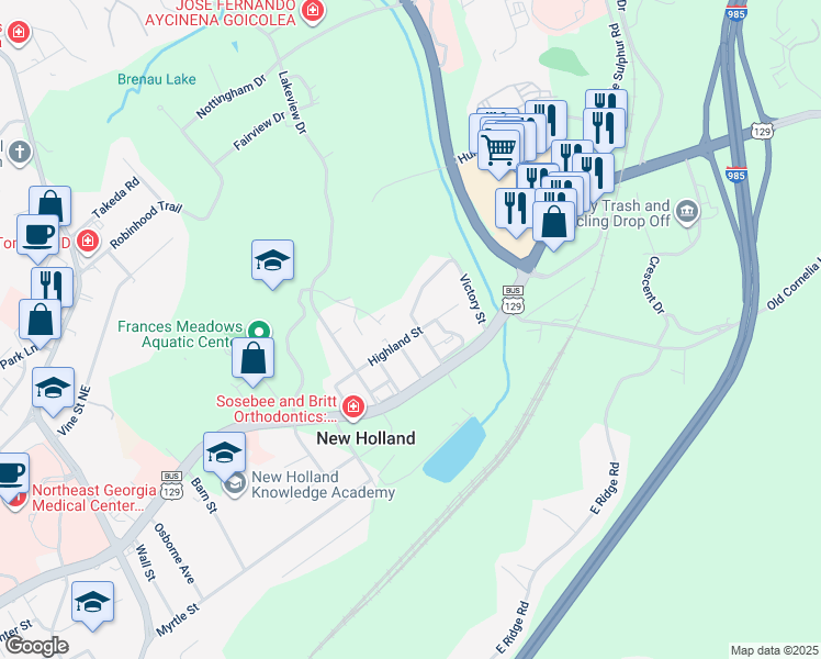 map of restaurants, bars, coffee shops, grocery stores, and more near 17 Carolina Street in Gainesville
