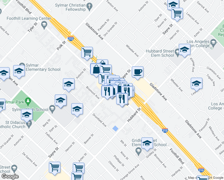 map of restaurants, bars, coffee shops, grocery stores, and more near 13798 Foothill Blvd in Los Angeles