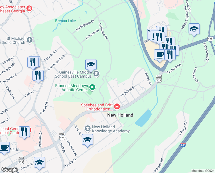 map of restaurants, bars, coffee shops, grocery stores, and more near 1560 Community Way in Gainesville