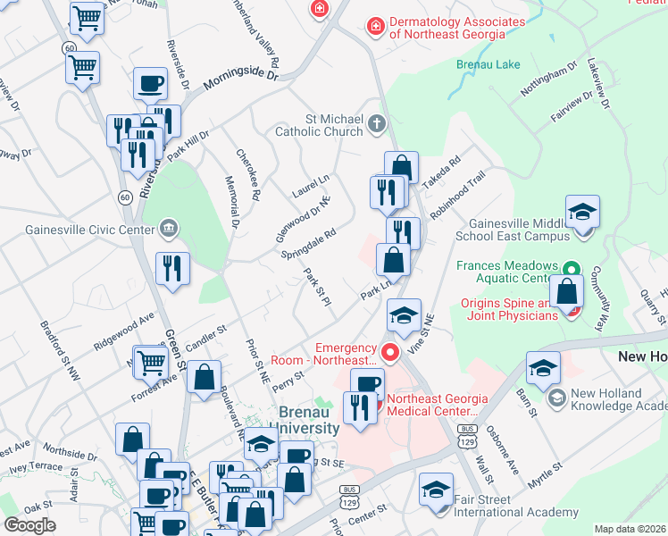 map of restaurants, bars, coffee shops, grocery stores, and more near 1165 Saint Charles Place in Gainesville