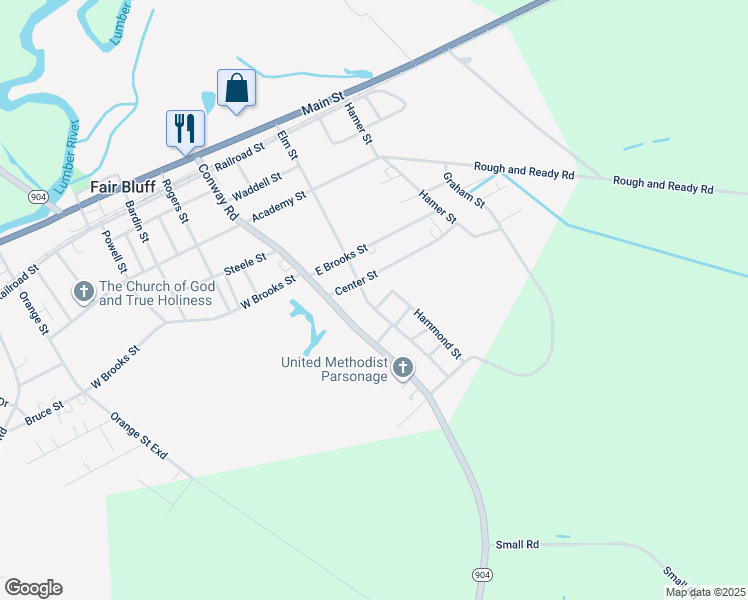 map of restaurants, bars, coffee shops, grocery stores, and more near 497 Elm Street in Fair Bluff