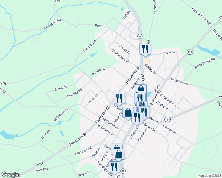 map of restaurants, bars, coffee shops, grocery stores, and more near 408 West green Street Exd in Iva