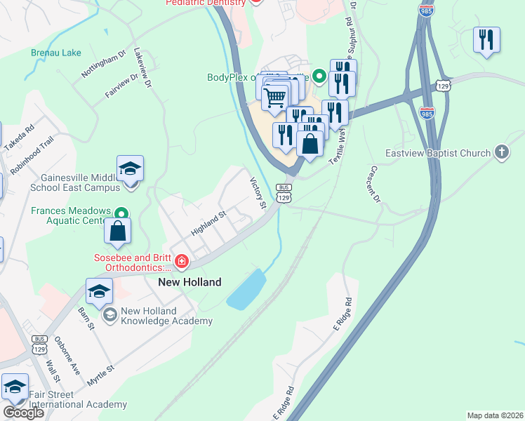 map of restaurants, bars, coffee shops, grocery stores, and more near 4 Victory Street in Gainesville