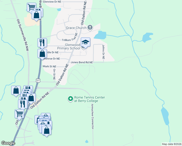 map of restaurants, bars, coffee shops, grocery stores, and more near 117 Jones Bend Road Northeast in Rome