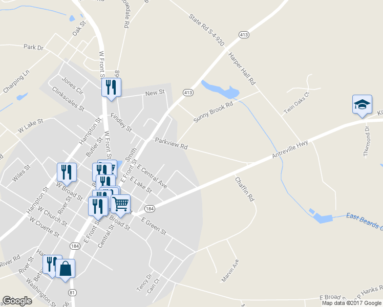 map of restaurants, bars, coffee shops, grocery stores, and more near 118 Parkview Road in Iva