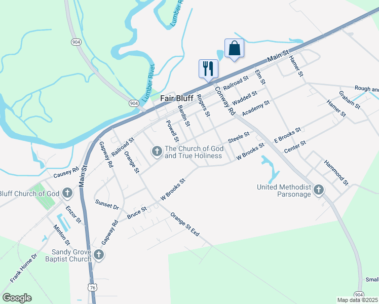 map of restaurants, bars, coffee shops, grocery stores, and more near 1215 Academy Street in Fair Bluff
