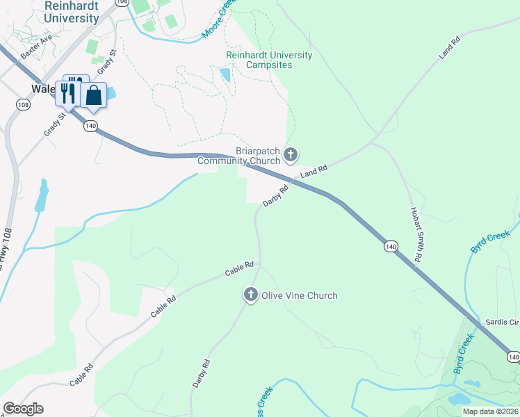 map of restaurants, bars, coffee shops, grocery stores, and more near 2051 Darby Road in Waleska