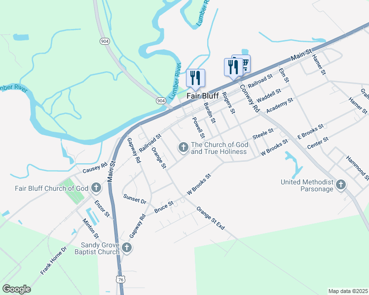 map of restaurants, bars, coffee shops, grocery stores, and more near 129 Bullock Street in Fair Bluff