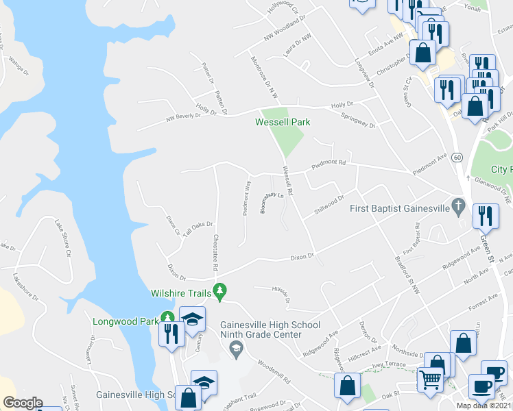 map of restaurants, bars, coffee shops, grocery stores, and more near 1226 Bloomsbury Lane in Gainesville