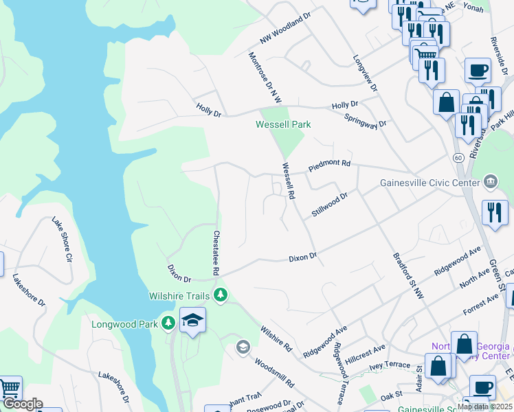 map of restaurants, bars, coffee shops, grocery stores, and more near 1226 Bloomsbury Lane in Gainesville