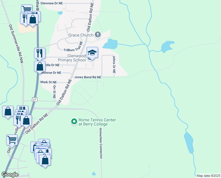 map of restaurants, bars, coffee shops, grocery stores, and more near 5 Coggins Place Northeast in Rome