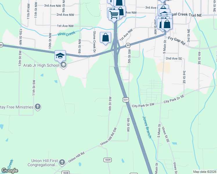 map of restaurants, bars, coffee shops, grocery stores, and more near 332 6th Street Southwest in Arab