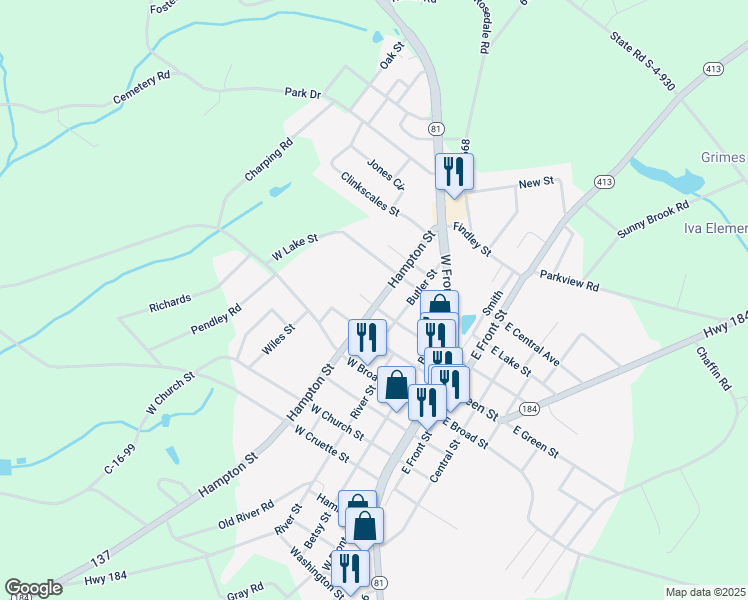 map of restaurants, bars, coffee shops, grocery stores, and more near 404 West Poplar Street in Iva