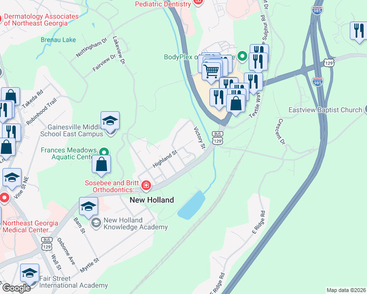 map of restaurants, bars, coffee shops, grocery stores, and more near 10 Highland Street in Gainesville