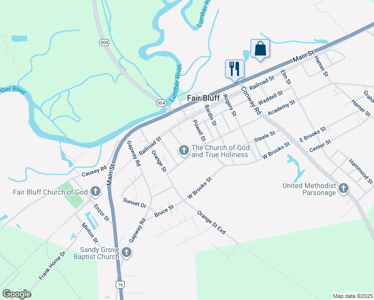map of restaurants, bars, coffee shops, grocery stores, and more near 129 Bullock Street in Fair Bluff