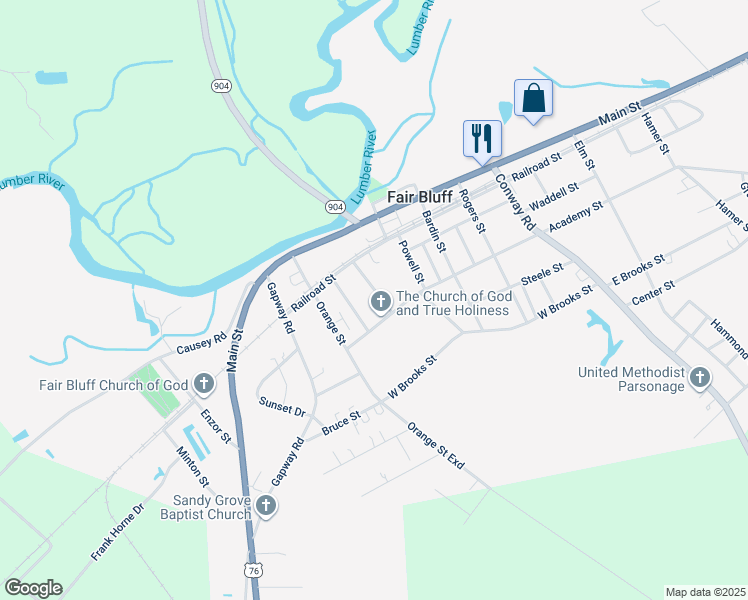 map of restaurants, bars, coffee shops, grocery stores, and more near 104 Bullock Street in Fair Bluff