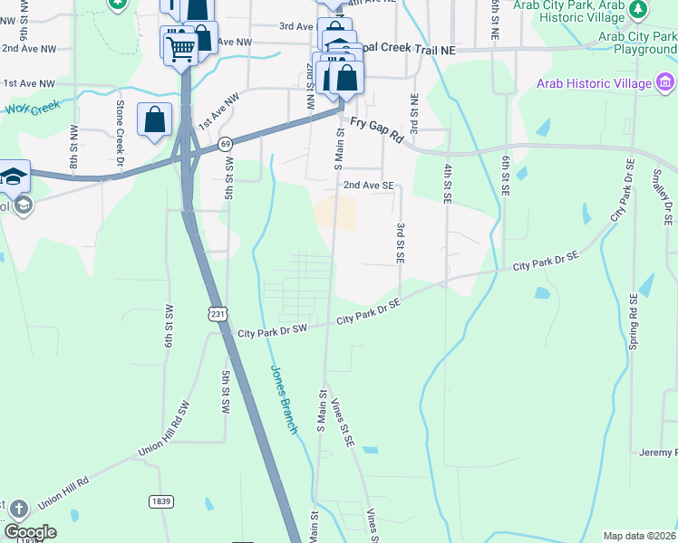 map of restaurants, bars, coffee shops, grocery stores, and more near 363 South Main Street in Arab