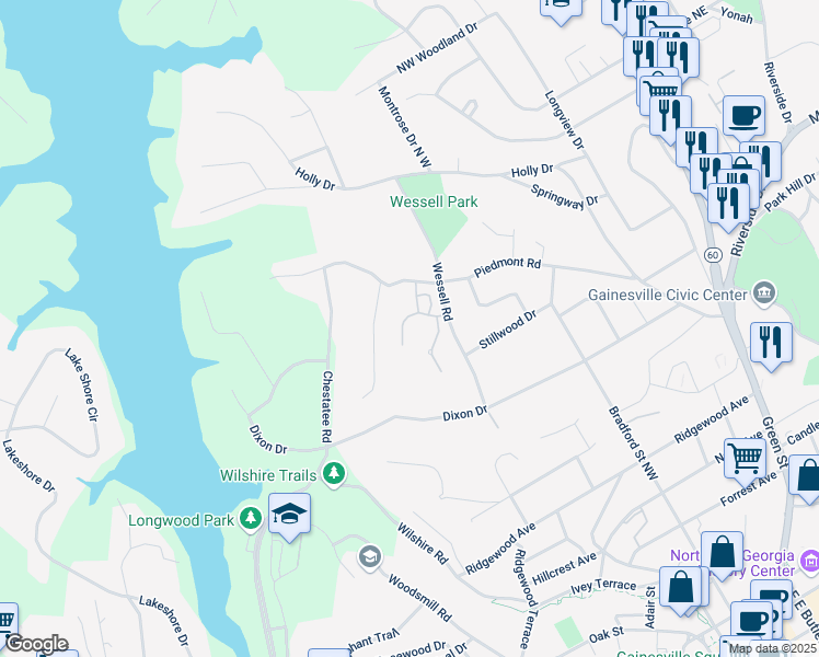 map of restaurants, bars, coffee shops, grocery stores, and more near 1223 Bloomsbury Lane in Gainesville