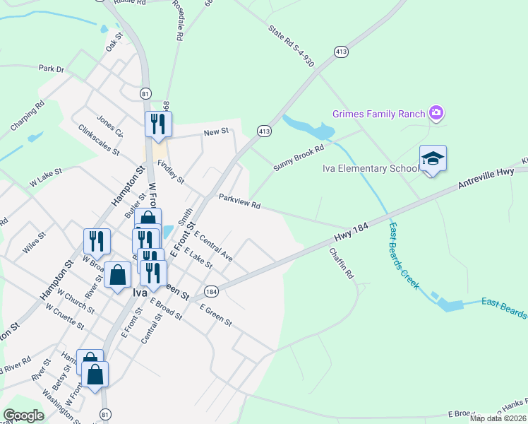 map of restaurants, bars, coffee shops, grocery stores, and more near 118 Parkview Road in Iva
