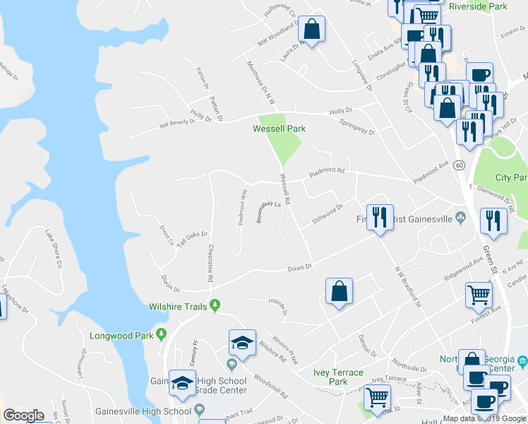 map of restaurants, bars, coffee shops, grocery stores, and more near 1223 Bloomsbury Lane in Gainesville