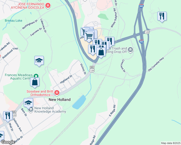 map of restaurants, bars, coffee shops, grocery stores, and more near 1925 Jesse Jewell Parkway in Gainesville