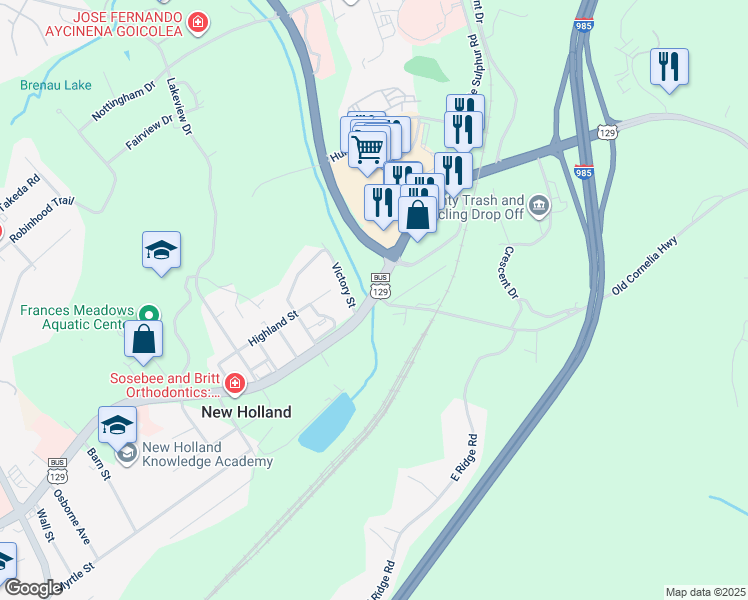 map of restaurants, bars, coffee shops, grocery stores, and more near 1925 Jesse Jewell Parkway in Gainesville