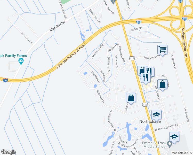 map of restaurants, bars, coffee shops, grocery stores, and more near 3960 Claymore Drive in Wilmington