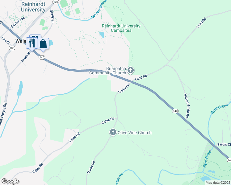 map of restaurants, bars, coffee shops, grocery stores, and more near 2051 Darby Road in Waleska